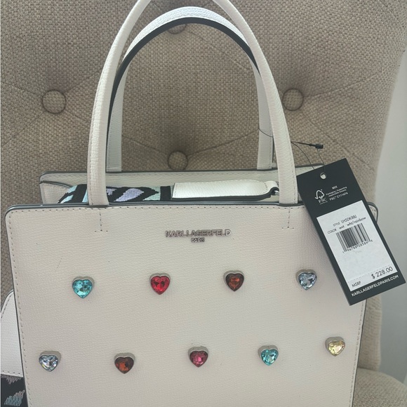 Karl Lagerfeld White Cross Body Bag with crystal Heart Embellishments - Picture 2 of 8